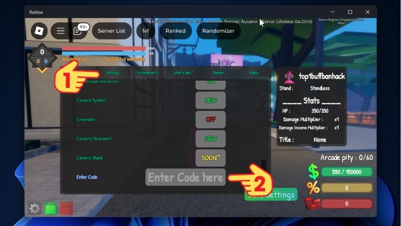 Hướng dẫn nhập mã code tại mục Settings và Enter Code here