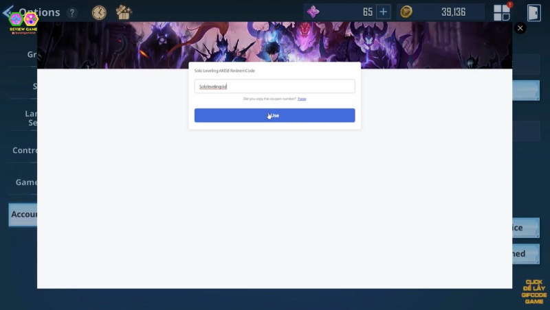 Nhập code thành công trong giao diện chính của game