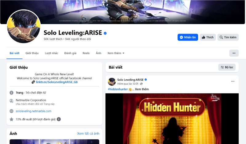 Trang Facebook chính thức của Solo Leveling:ARISE