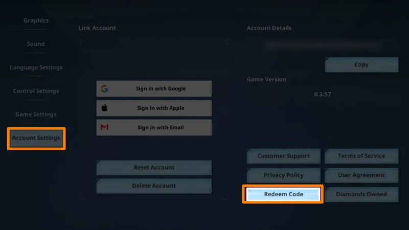 Vào mục "Account Settings" để nhập mã