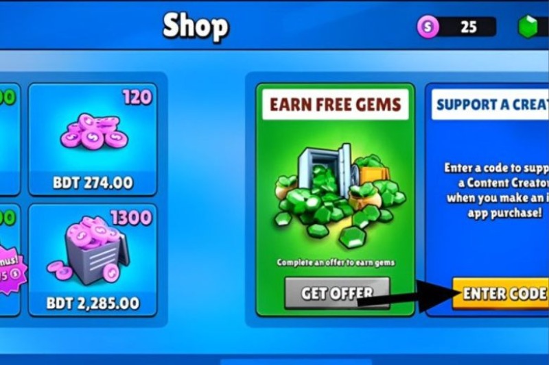 Cửa hàng trong game với mục nhập code để nhận gem