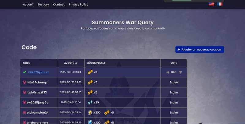 Trang web chia sẻ mã code Summoners War, hiển thị code mới và phần thưởng.