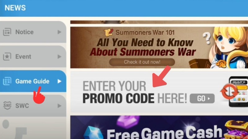 Trang “Game Guide” trong mục tin tức, nơi nhập mã code Summoners War.