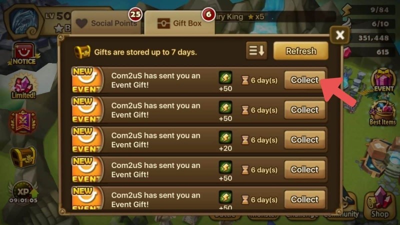 Nhận quà sự kiện từ Com2uS qua hộp thư trong Summoners War