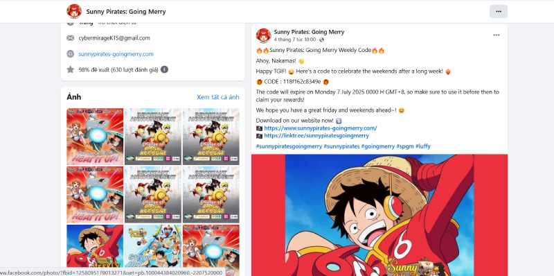 Bài đăng Facebook công bố mã code Sunny Pirates tuần mới