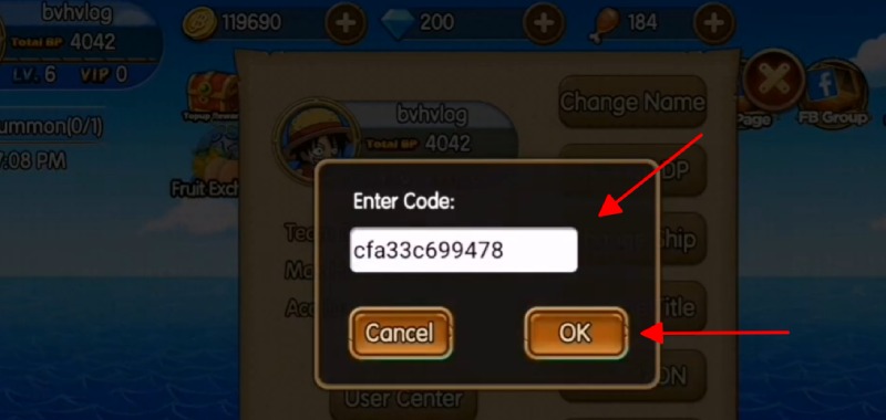 Ô nhập giftcode hiển thị mã và nút xác nhận trong game.