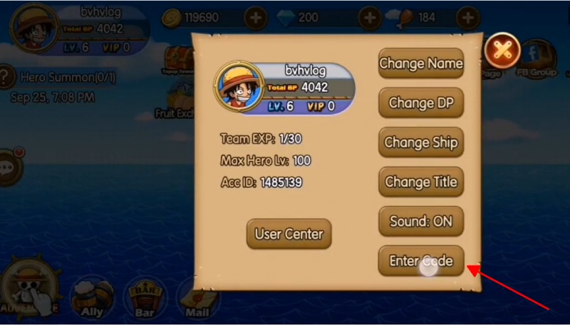 Giao diện nhập mã giftcode trong game Sunny Pirates