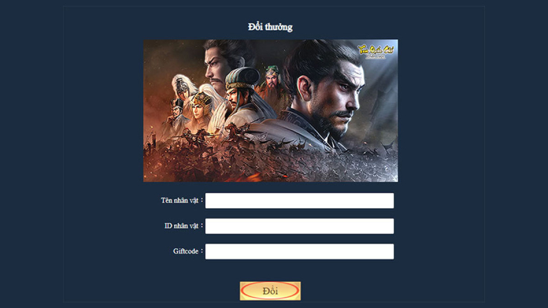 Giao diện nhập tên nhân vật, ID và giftcode để đổi quà trong game