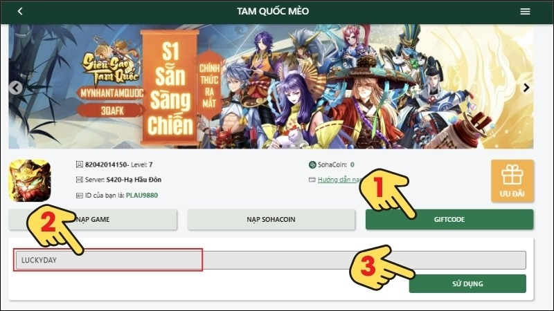 Nhập giftcode LUCKYDAY để nhận quà.