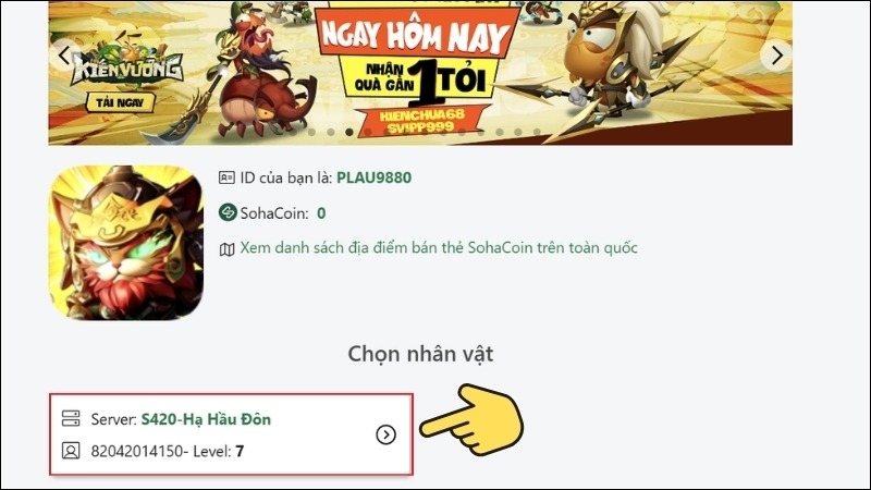 Chọn nhân vật và máy chủ trong Tam Quốc Mèo.