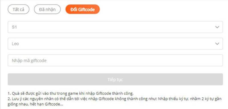 Form nhập giftcode trên website Tam Quốc X.