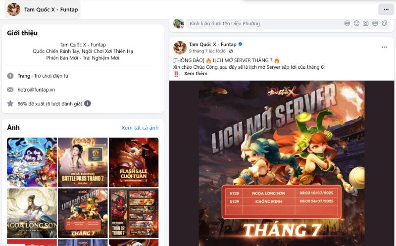  Trang fanpage Tam Quốc X Funtap cập nhật lịch mở server.