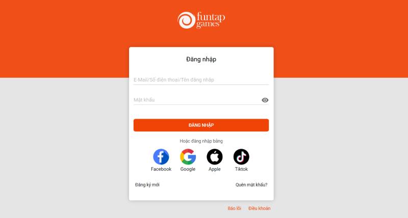 Giao diện đăng nhập tài khoản Funtap.