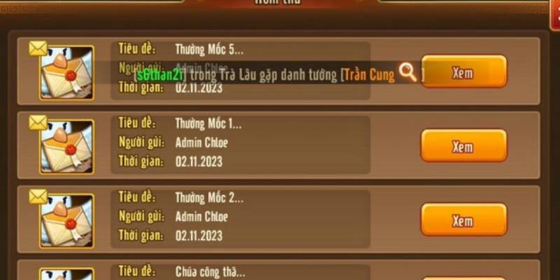 Hộp thư ingame chứa phần thưởng từ giftcode.