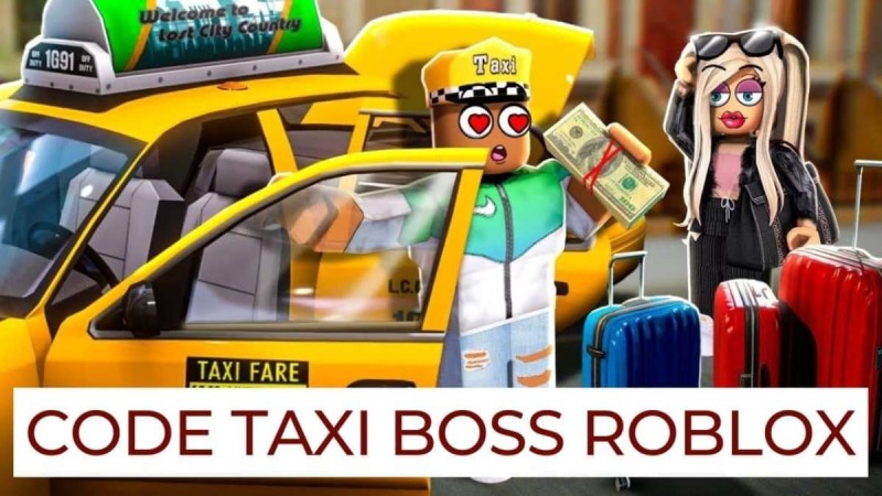 Nhân vật đứng cạnh taxi vàng với dòng chữ "Code Taxi Boss Roblox"