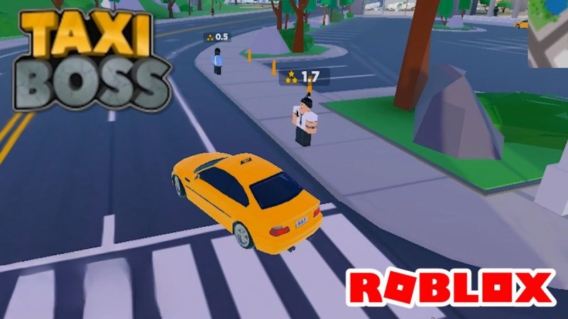 Xe taxi dừng đón khách trong game Taxi Boss trên nền đồ họa Roblox.
