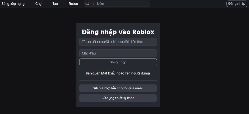Màn hình đăng nhập vào tài khoản Roblox.