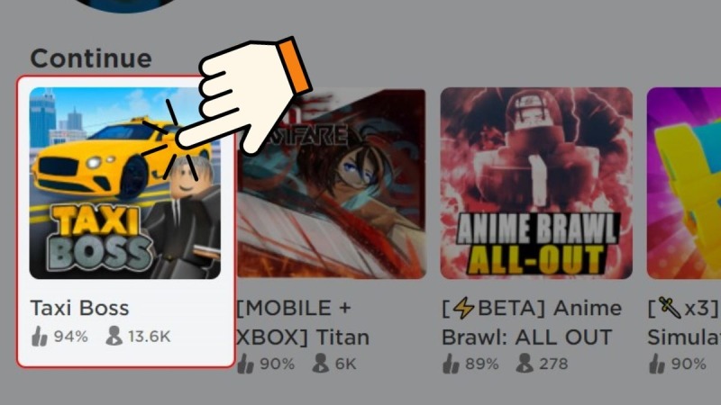 Người chơi chọn game Taxi Boss từ giao diện Roblox.
