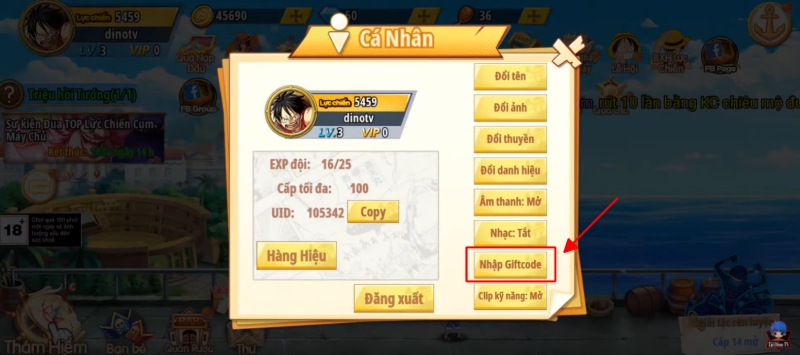 Vào mục “Cá Nhân” > chọn “Nhập Giftcode” để nhận quà cực xịn từ Thế Giới Hải Tặc