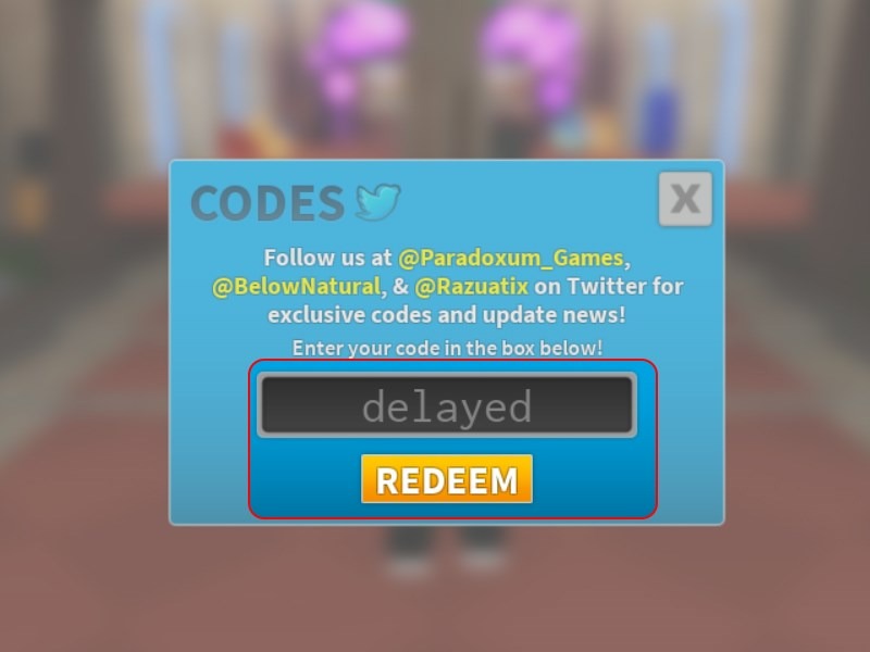 Giao diện nhập mã code "delayed" trong game Tower Defense Simulator