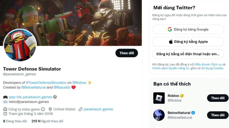 Trang Twitter chính thức của Tower Defense Simulator