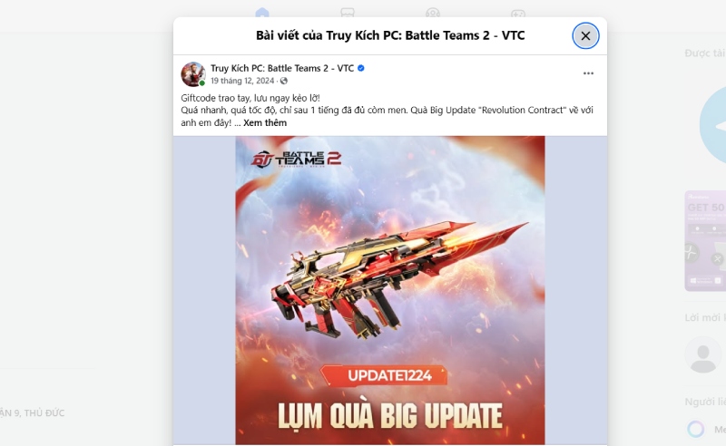 sự kiện tặng giftcode trên trang Facebook chính thức