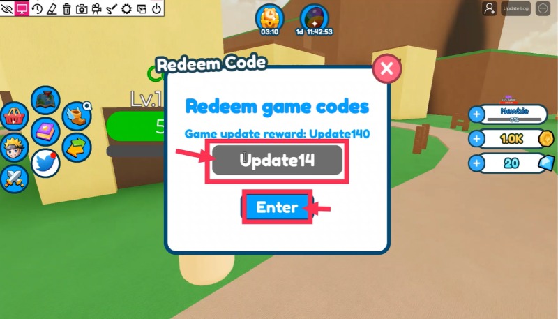 Giao diện nhập mã code “Update14”