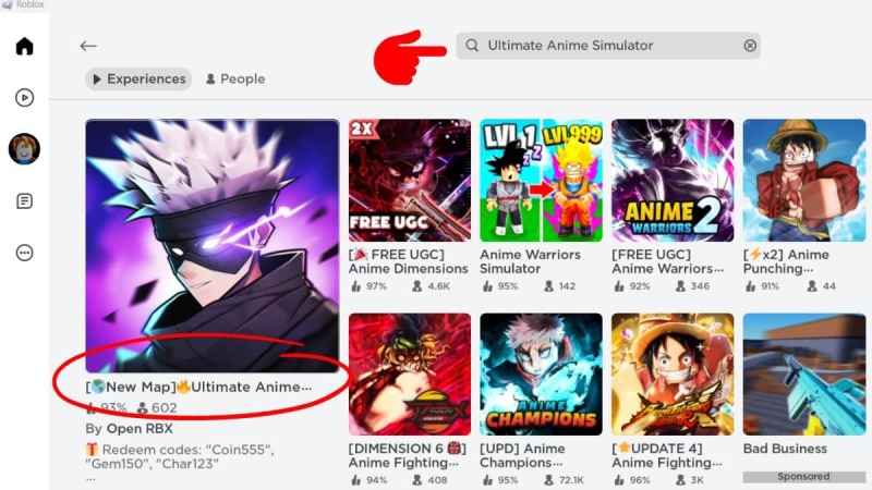 Tìm kiếm và hiển thị game Ultimate Anime Simulator trong Roblox