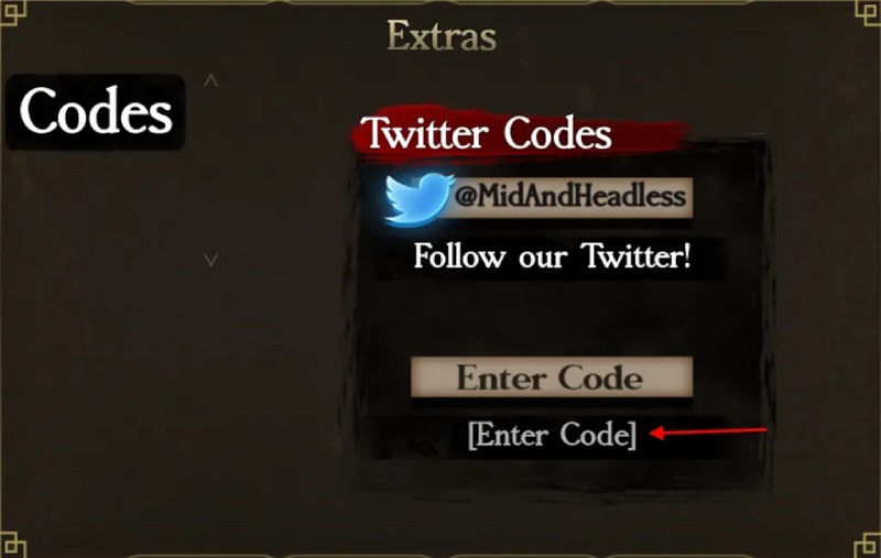 Khung nhập mã Twitter Code trong phần Extras của game Roblox