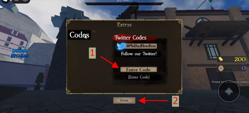 Giao diện nhập mã code Roblox với hướng dẫn nhập mã và nút Done