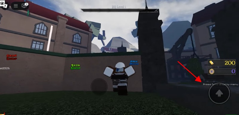 Nhân vật Roblox đứng trước tường thành với nút mở menu ở góc dưới bên phải