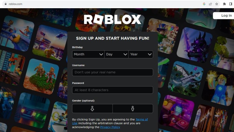 Giao diện đăng ký tài khoản Roblox chính thức.