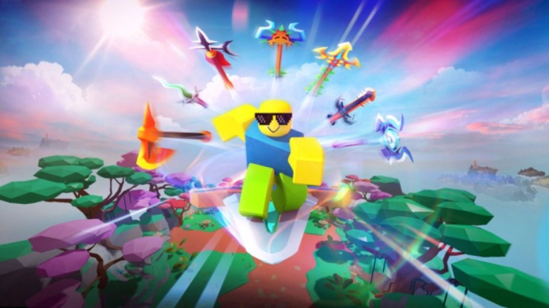 Nhân vật Roblox chạy cùng dàn vũ khí tỏa sáng.