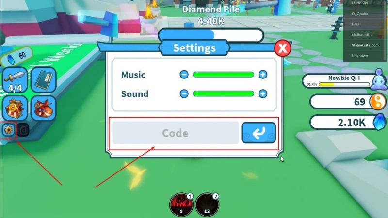 Giao diện nhập mã code trong game Roblox.