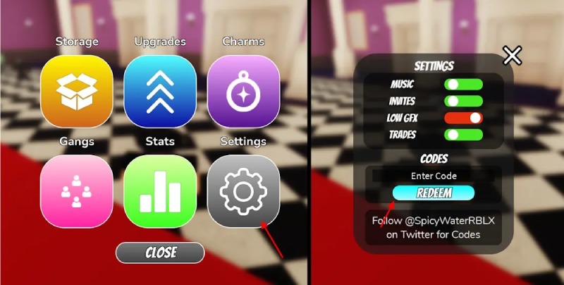 Giao diện menu cài đặt với hướng dẫn nhập code từ Twitter @SpicyWaterRBLX