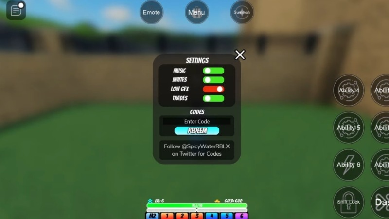Tab Settings trong trò chơi World of Stands nơi người chơi nhập mã code