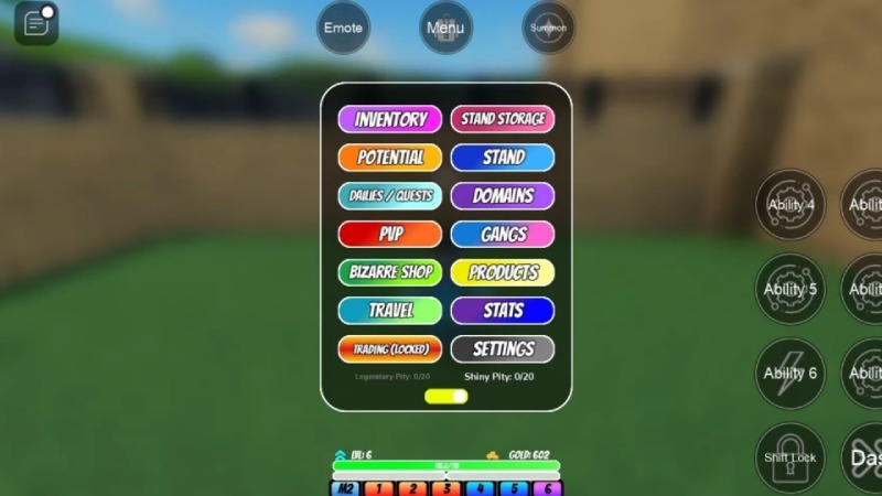 Menu chính của trò chơi hiển thị các mục như Inventory, Stand, Stats và Settings