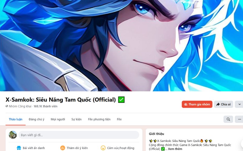 Giao diện nhóm Facebook chính thức của X-Samkok: Siêu Năng Tam Quốc