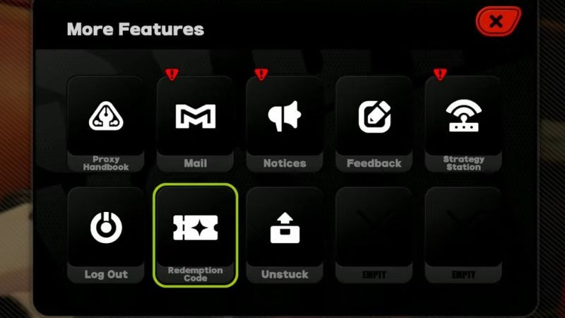 Trong More Features, chọn "Redemption Code" để nhập mã nhận thưởng
