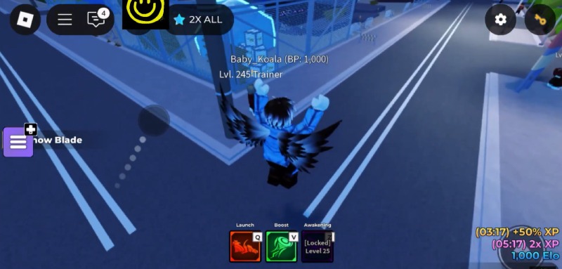 Nhân vật với đôi cánh đen bay trong thành phố game Bladers: Rebirth.