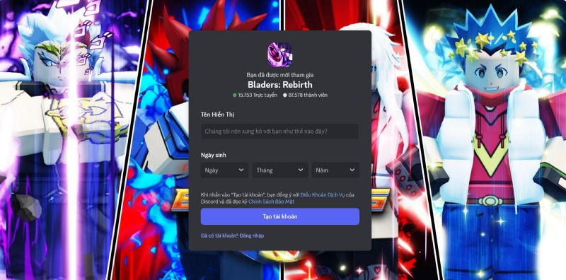 Giao diện Discord khi tham gia máy chủ Bladers: Rebirth