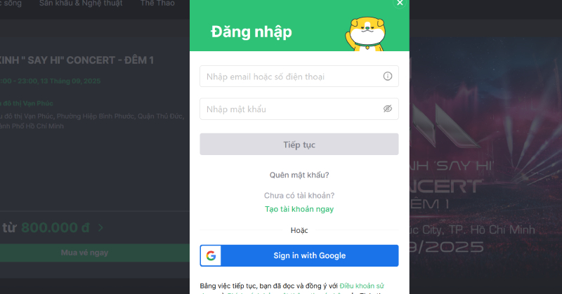 Đăng nhập vào website đặt vé