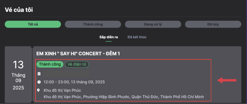 Vé đã được đặt hoàn tất
