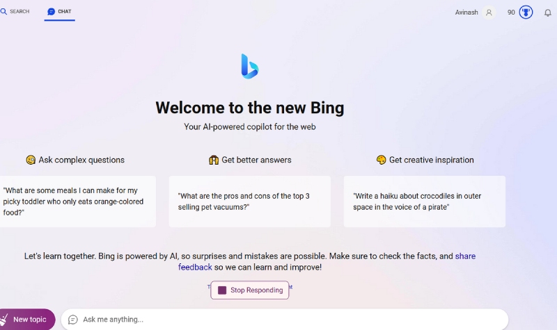 Giao diện Microsoft's Bing ChatGPT