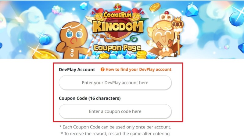 Trang nhập mã coupon trên website Cookie Run Kingdom.