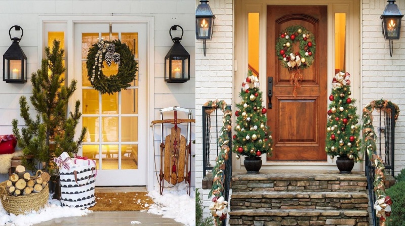 Trang trí cửa ra vào với vòng nguyệt quế và cây thông nhỏ