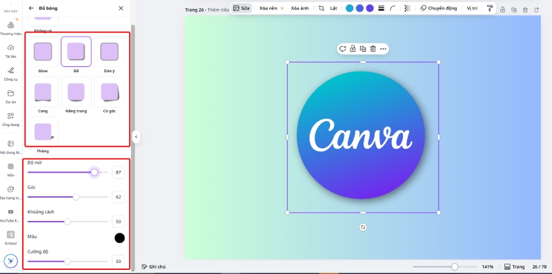 Cài đặt kiểu bóng và thông số hiệu ứng trong Canva trên máy tính