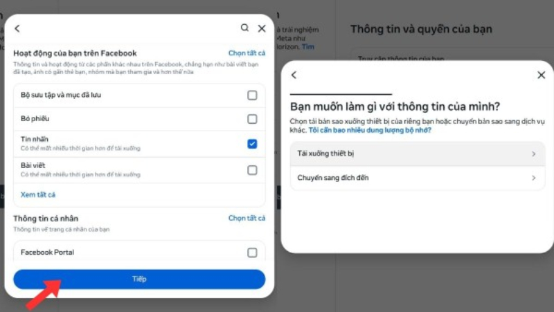 Chọn mục tin nhắn trong cài đặt Facebook để tải dữ liệu xuống