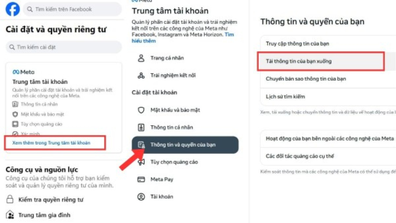 Truy cập trung tâm tài khoản Facebook để tải thông tin cá nhân xuống
