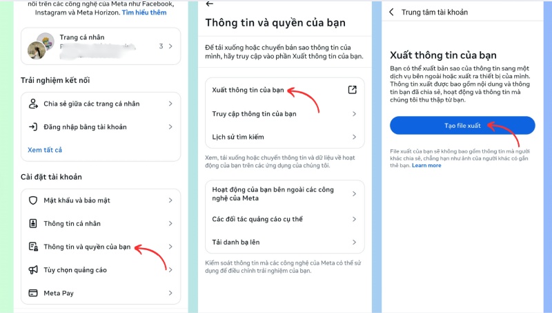 Các bước xuất thông tin tài khoản để sao lưu tin nhắn Messenger